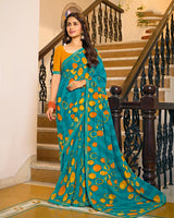 Vishal Prints Teal Blue Printed Chiffon Saree With Fancy Border