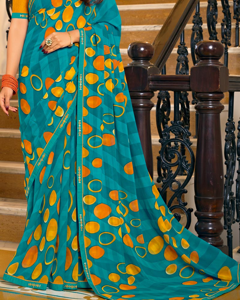 Vishal Prints Teal Blue Printed Chiffon Saree With Fancy Border