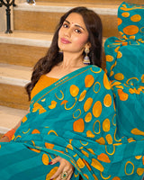 Vishal Prints Teal Blue Printed Chiffon Saree With Fancy Border