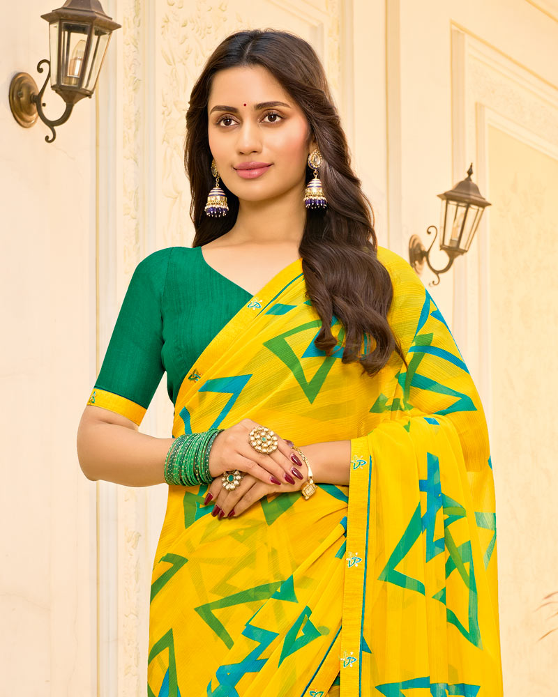 Vishal Prints Lemon Yellow Printed Chiffon Saree With Fancy Border