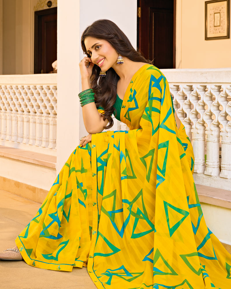 Vishal Prints Lemon Yellow Printed Chiffon Saree With Fancy Border