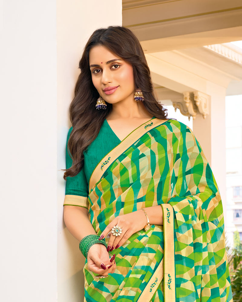 Vishal Prints Lime Green Printed Chiffon Saree With Fancy Border