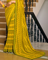Vishal Prints Mustard Yellow Printed Chiffon Saree With Fancy Border