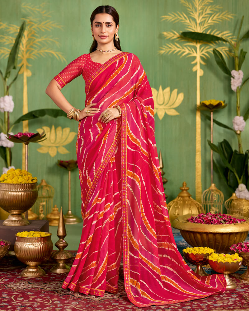 Vishal Prints Pinkish Red Printed Chiffon Saree With Fancy Embroidery Border