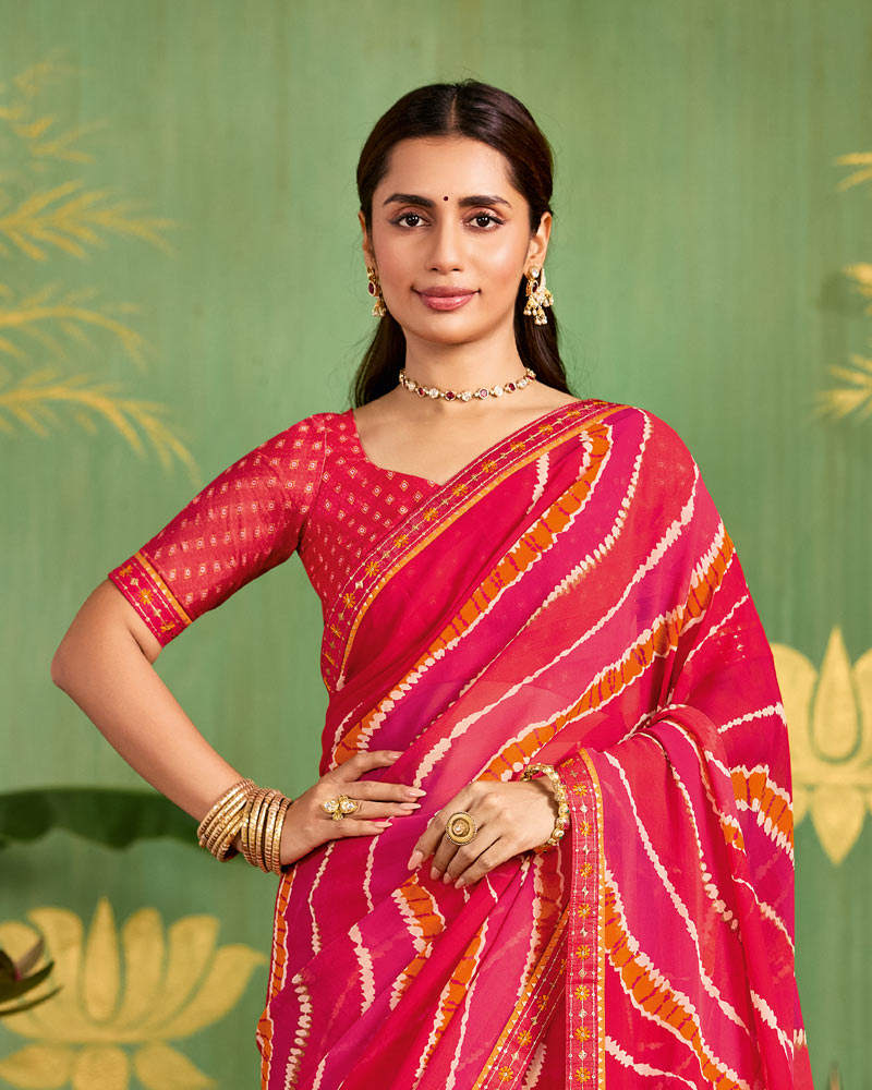 Vishal Prints Pinkish Red Printed Chiffon Saree With Fancy Embroidery Border