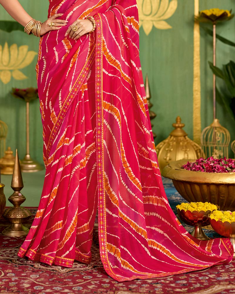Vishal Prints Pinkish Red Printed Chiffon Saree With Fancy Embroidery Border