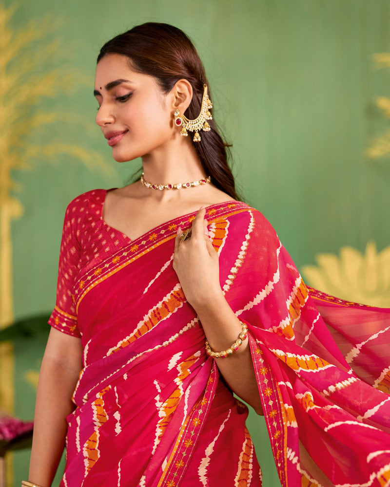 Vishal Prints Pinkish Red Printed Chiffon Saree With Fancy Embroidery Border