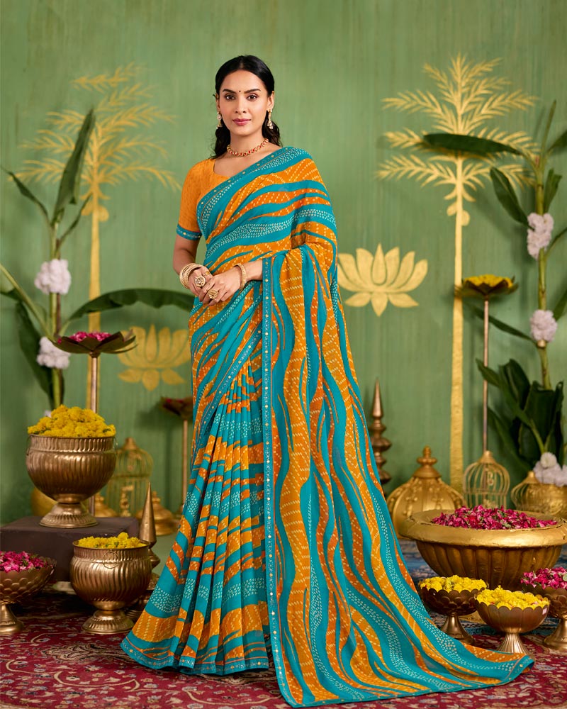 Vishal Prints Bondi Blue Printed Chiffon Saree With Fancy Embroidery Border