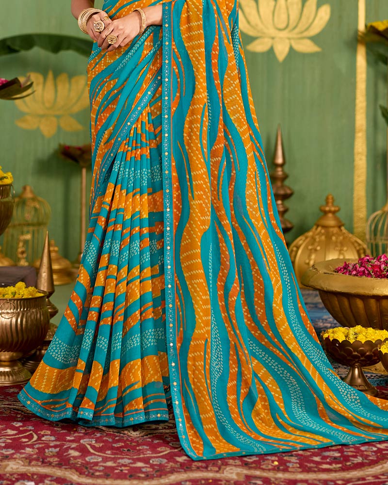 Vishal Prints Bondi Blue Printed Chiffon Saree With Fancy Embroidery Border