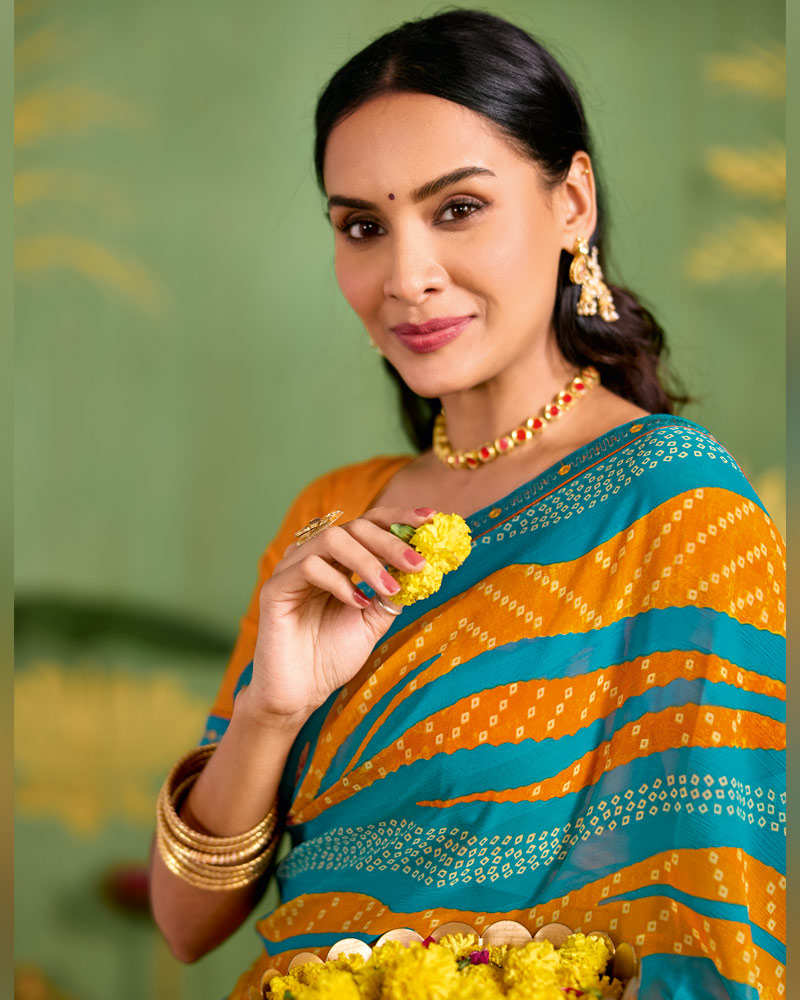 Vishal Prints Bondi Blue Printed Chiffon Saree With Fancy Embroidery Border