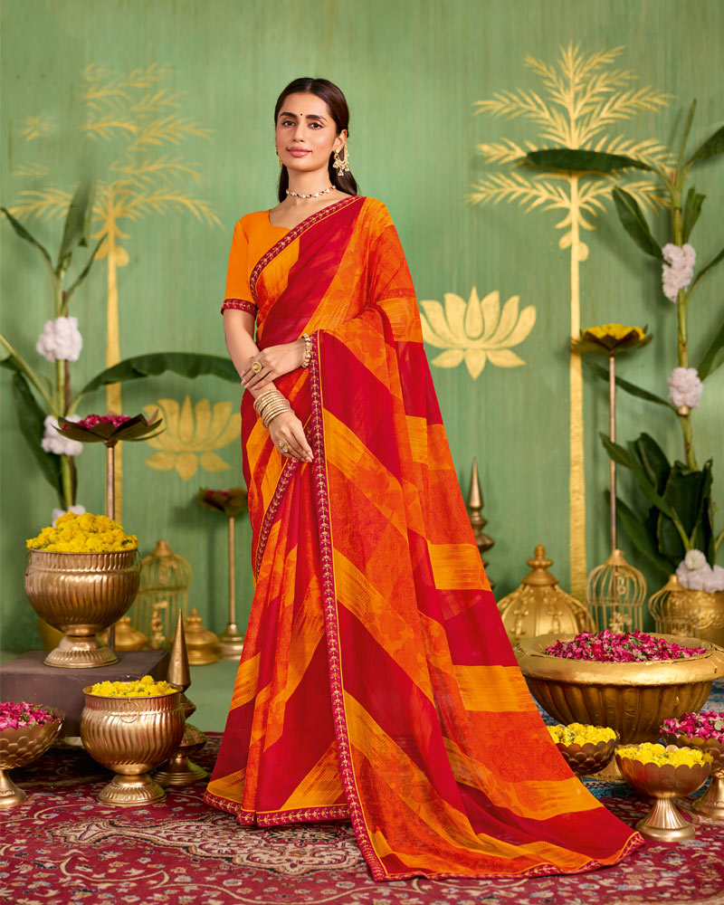 Vishal Prints Chili Red And Carrot Orange Printed Chiffon Saree With Fancy Embroidery Border