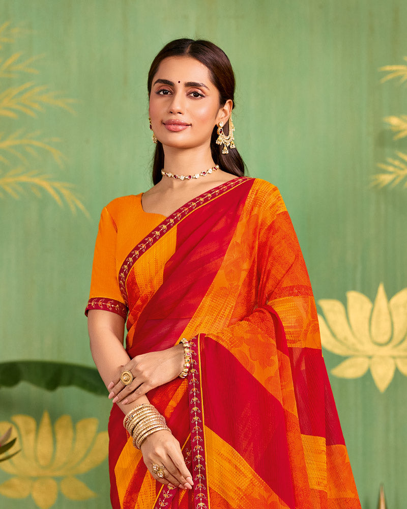 Vishal Prints Chili Red And Carrot Orange Printed Chiffon Saree With Fancy Embroidery Border
