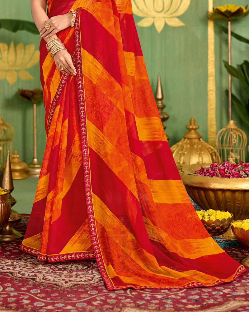 Vishal Prints Chili Red And Carrot Orange Printed Chiffon Saree With Fancy Embroidery Border