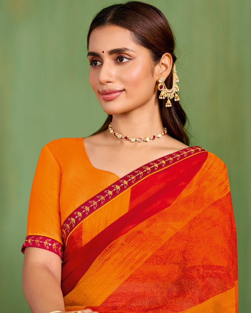 Vishal Prints Chili Red And Carrot Orange Printed Chiffon Saree With Fancy Embroidery Border