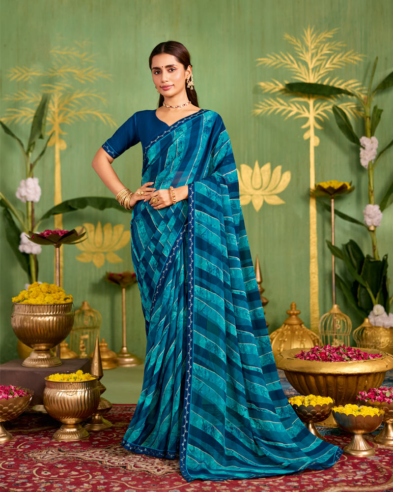 Vishal Prints Dark Midnight Blue Printed Chiffon Saree With Fancy Embroidery Border