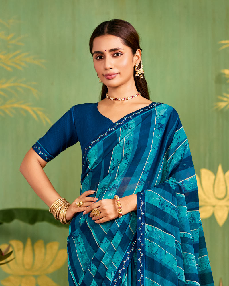 Vishal Prints Dark Midnight Blue Printed Chiffon Saree With Fancy Embroidery Border