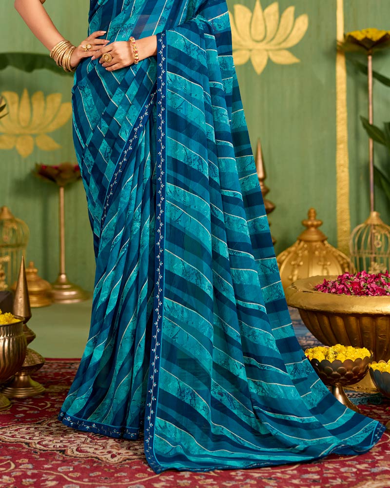 Vishal Prints Dark Midnight Blue Printed Chiffon Saree With Fancy Embroidery Border