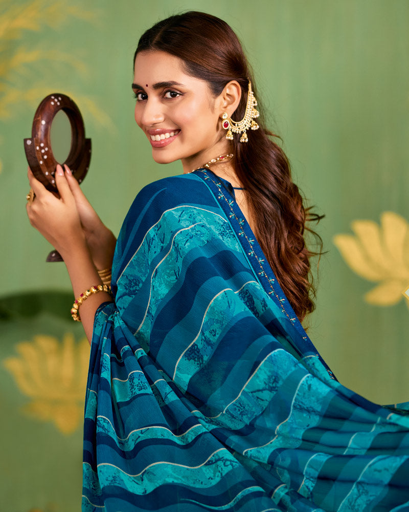Vishal Prints Dark Midnight Blue Printed Chiffon Saree With Fancy Embroidery Border