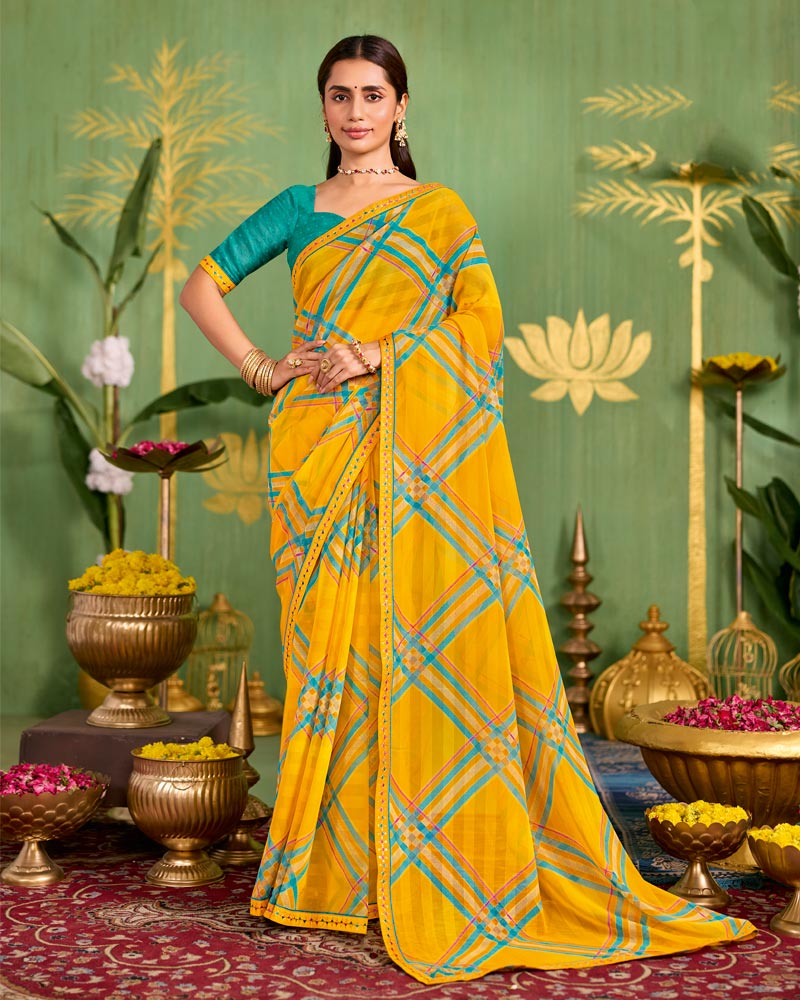 Vishal Prints Burnt Yellow Printed Chiffon Saree With Fancy Embroidery Border