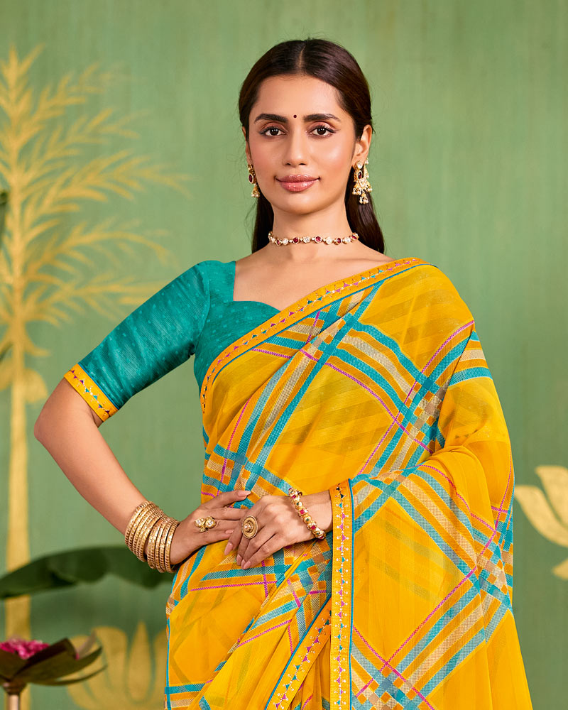 Vishal Prints Burnt Yellow Printed Chiffon Saree With Fancy Embroidery Border