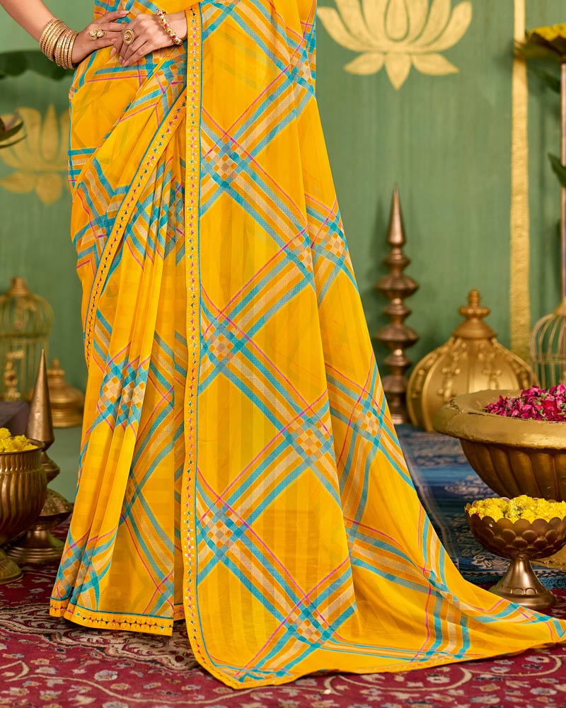 Vishal Prints Burnt Yellow Printed Chiffon Saree With Fancy Embroidery Border