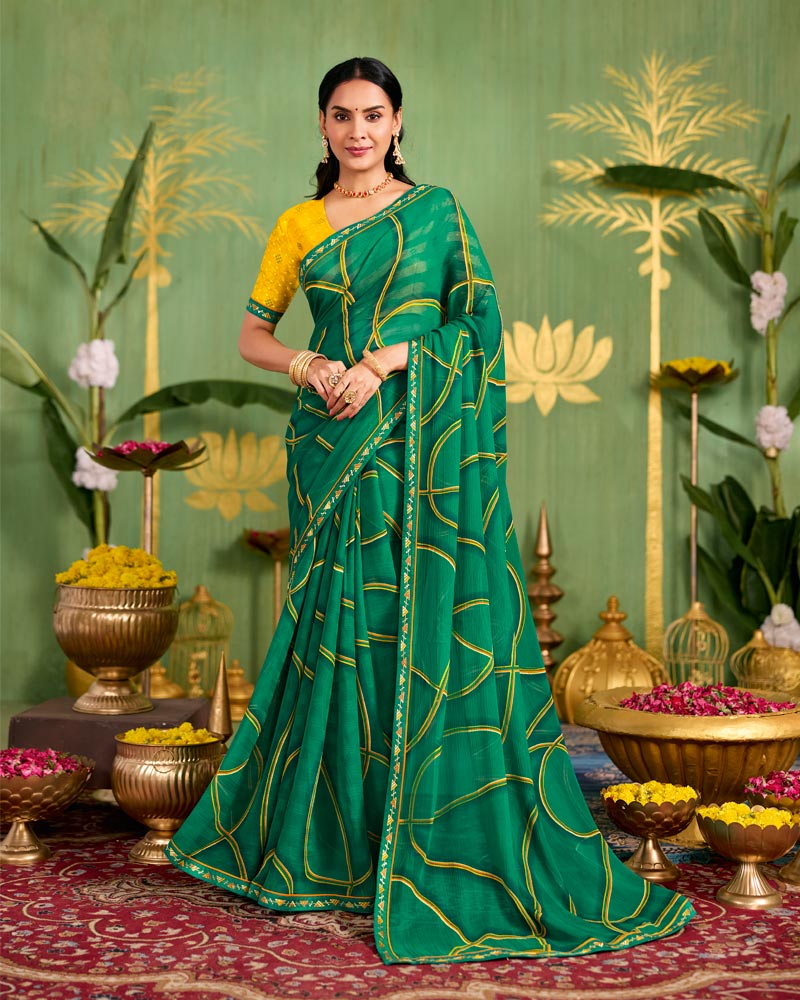 Vishal Prints Tropical Green Printed Chiffon Saree With Fancy Embroidery Border