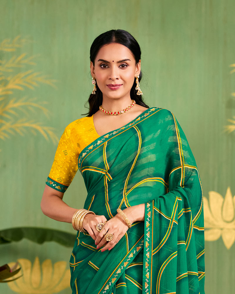 Vishal Prints Tropical Green Printed Chiffon Saree With Fancy Embroidery Border