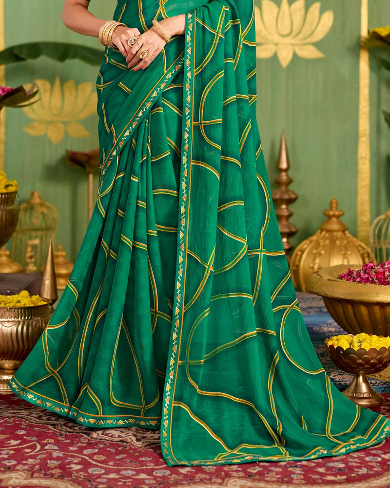 Vishal Prints Tropical Green Printed Chiffon Saree With Fancy Embroidery Border