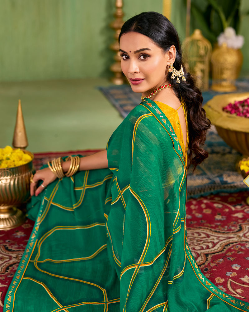 Vishal Prints Tropical Green Printed Chiffon Saree With Fancy Embroidery Border