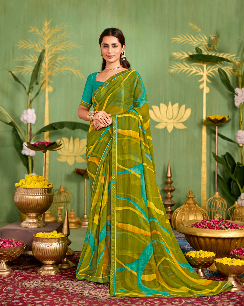Vishal Prints Mehandi Green Printed Chiffon Saree With Fancy Embroidery Border