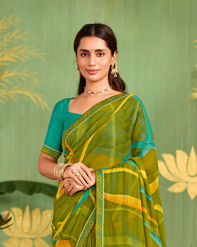 Vishal Prints Mehandi Green Printed Chiffon Saree With Fancy Embroidery Border