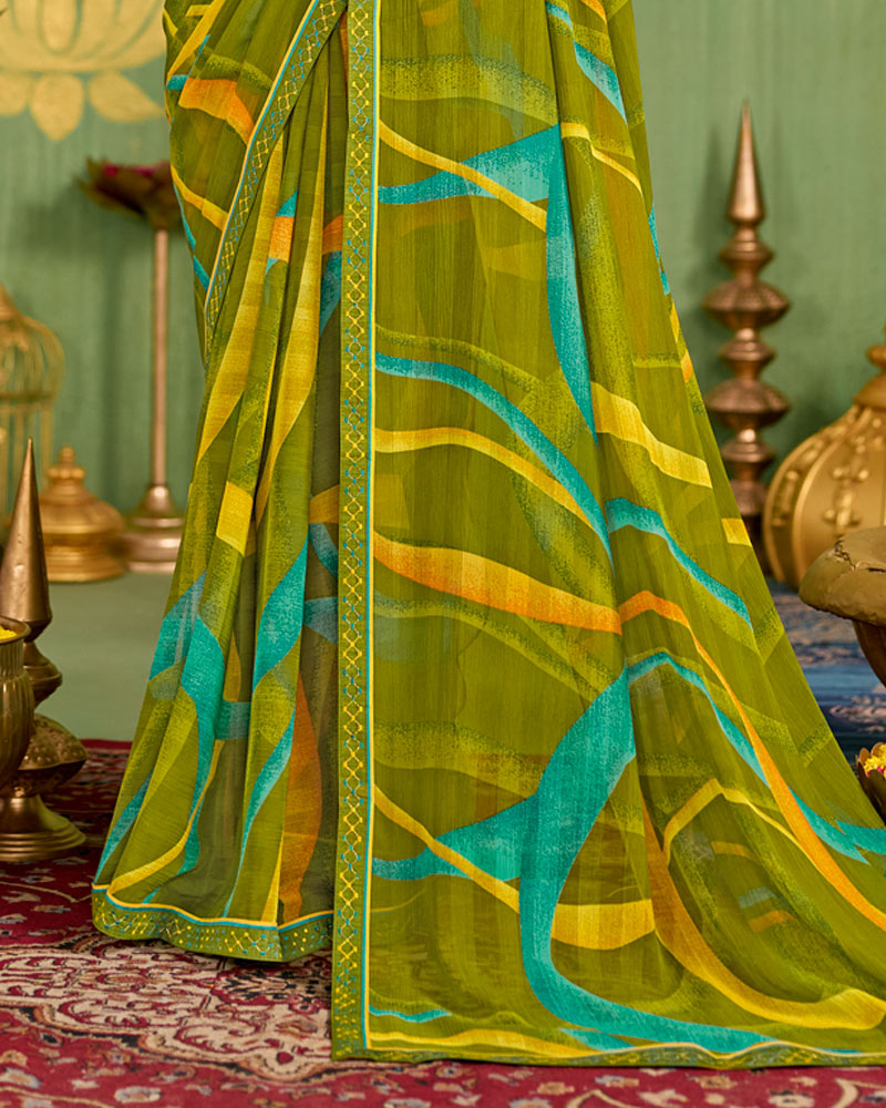 Vishal Prints Mehandi Green Printed Chiffon Saree With Fancy Embroidery Border