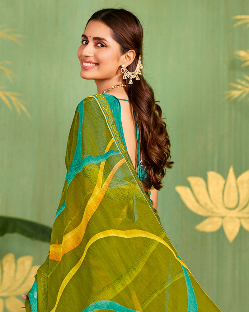 Vishal Prints Mehandi Green Printed Chiffon Saree With Fancy Embroidery Border