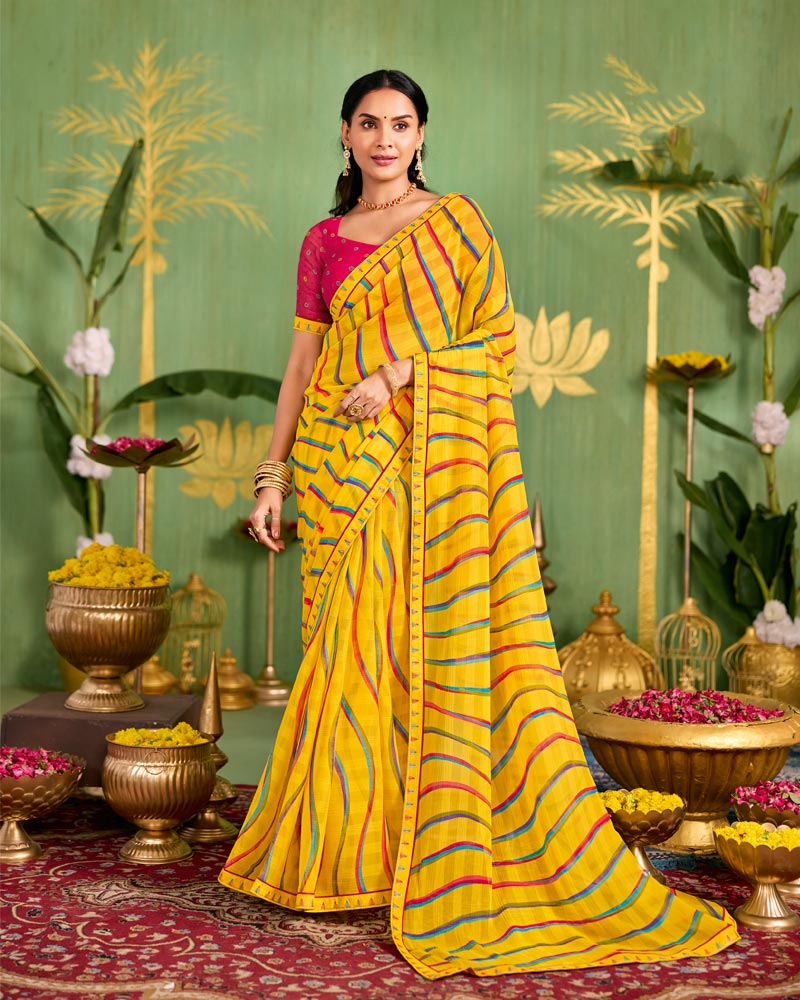 Vishal Prints Golden Yellow Printed Chiffon Saree With Fancy Embroidery Border