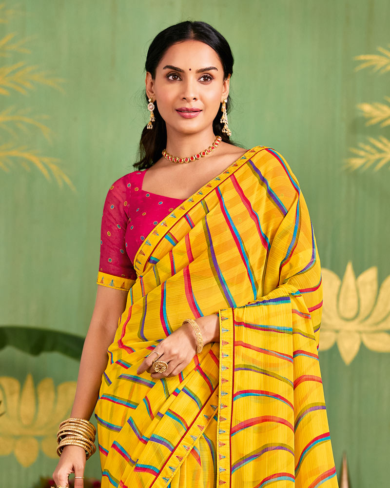 Vishal Prints Golden Yellow Printed Chiffon Saree With Fancy Embroidery Border