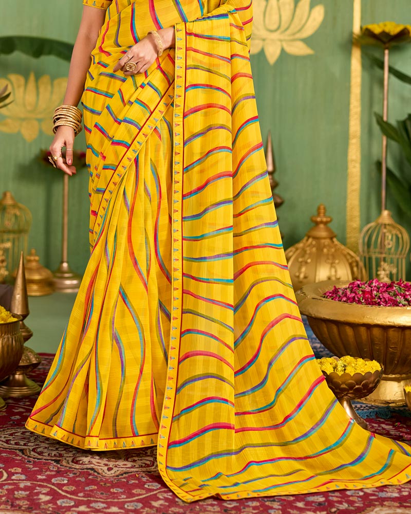 Vishal Prints Golden Yellow Printed Chiffon Saree With Fancy Embroidery Border