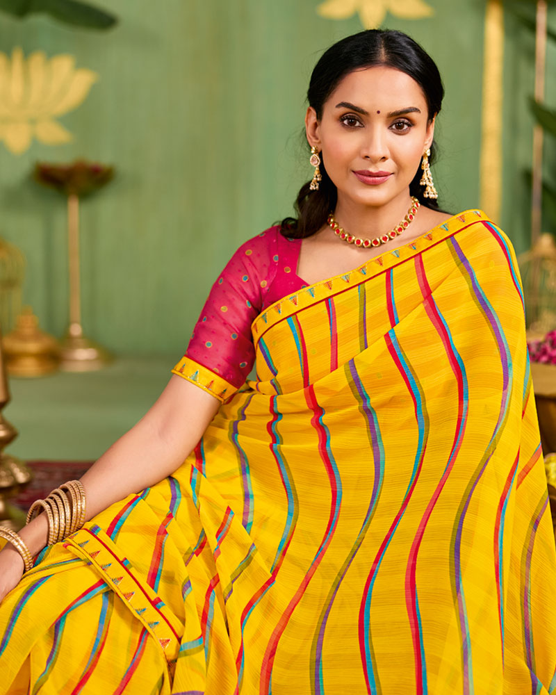 Vishal Prints Golden Yellow Printed Chiffon Saree With Fancy Embroidery Border