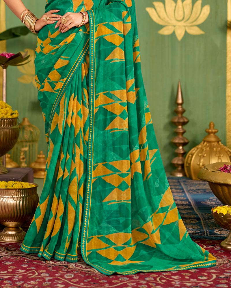 Vishal Prints Jade Green Printed Chiffon Saree With Fancy Embroidery Border