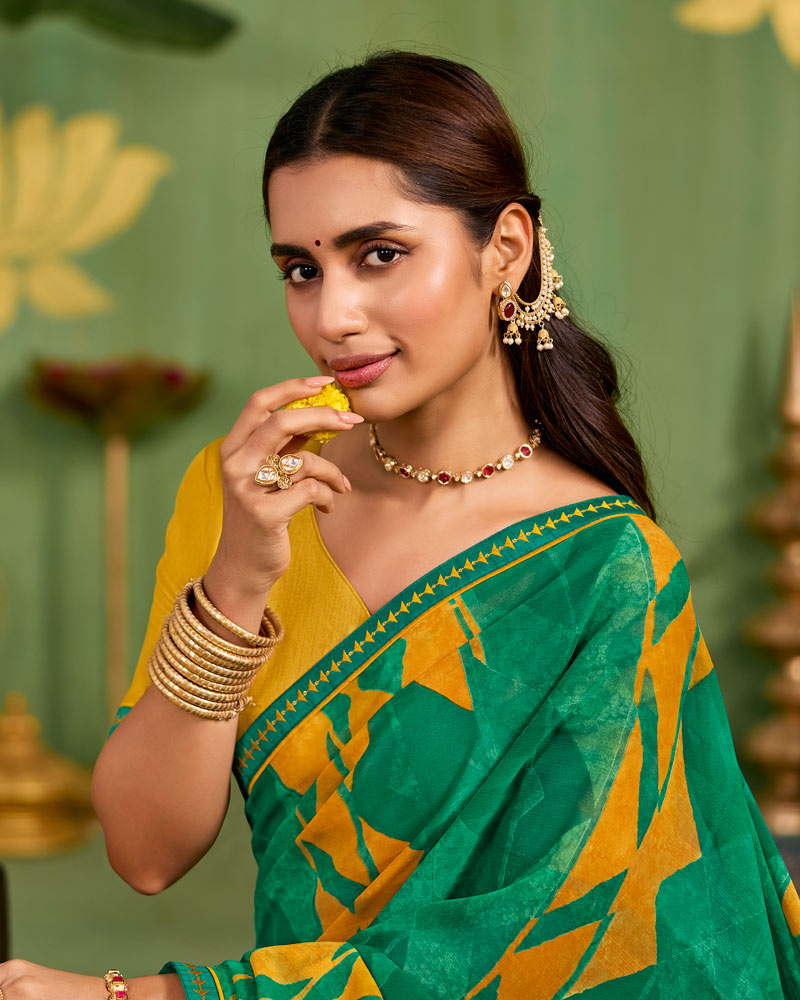 Vishal Prints Jade Green Printed Chiffon Saree With Fancy Embroidery Border