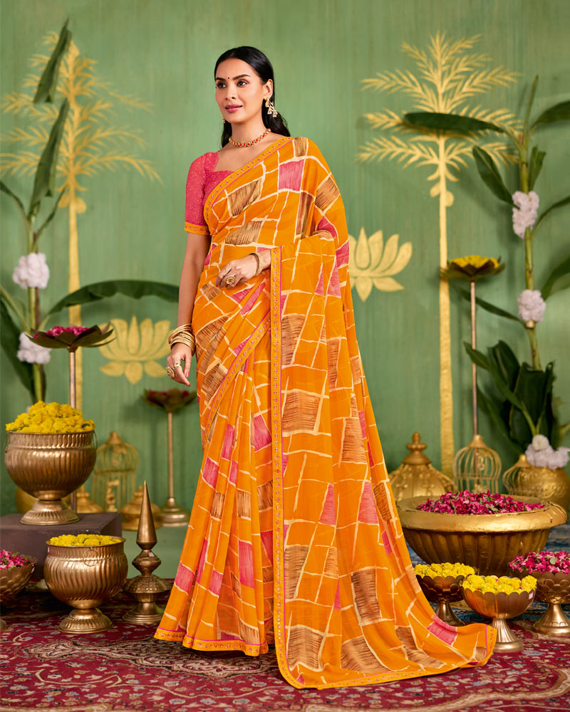 Vishal Prints Dark Orange Printed Chiffon Saree With Fancy Embroidery Border