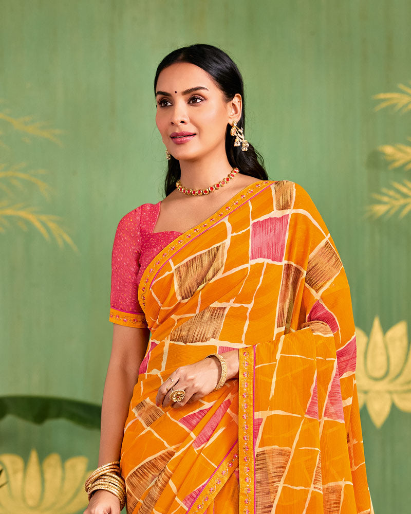 Vishal Prints Dark Orange Printed Chiffon Saree With Fancy Embroidery Border