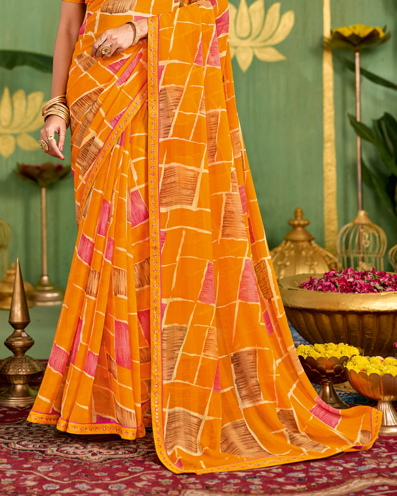 Vishal Prints Dark Orange Printed Chiffon Saree With Fancy Embroidery Border