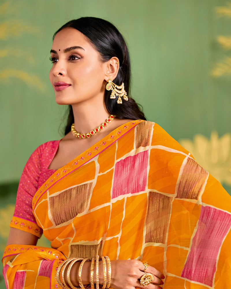 Vishal Prints Dark Orange Printed Chiffon Saree With Fancy Embroidery Border