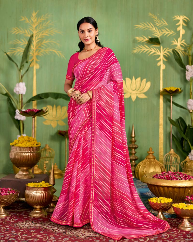 Vishal Prints Rose And Strawberry Pink Printed Chiffon Saree With Fancy Embroidery Border