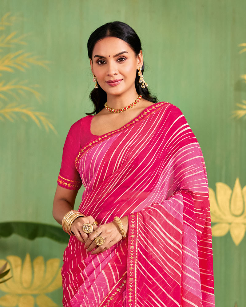 Vishal Prints Rose And Strawberry Pink Printed Chiffon Saree With Fancy Embroidery Border