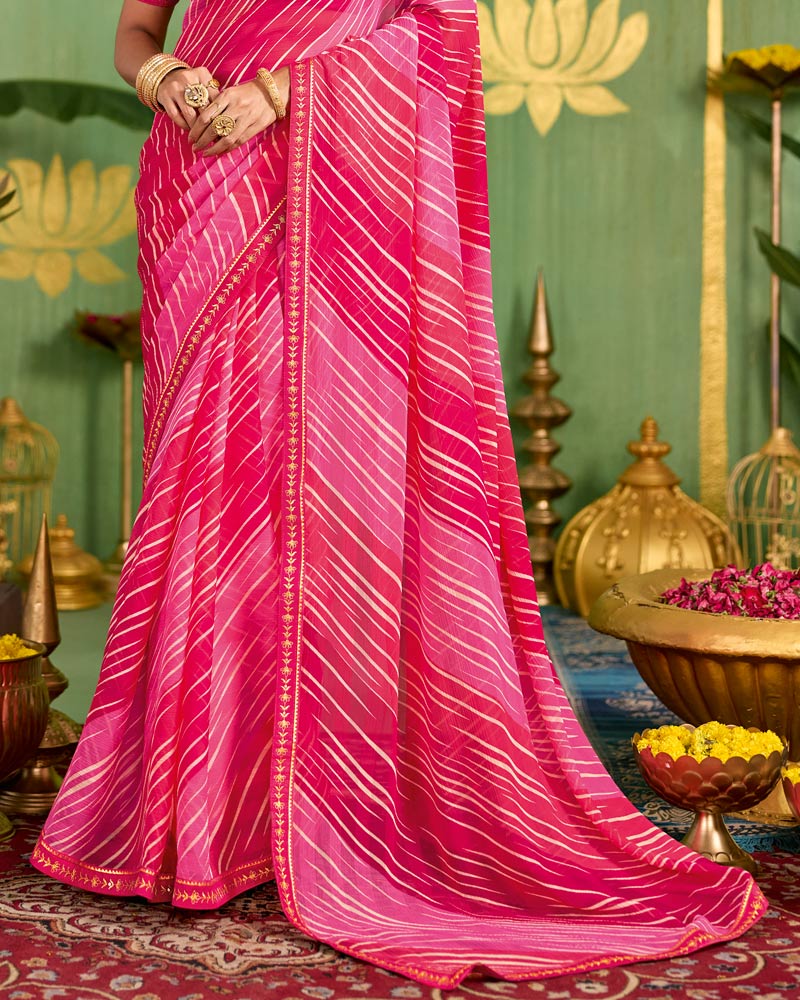 Vishal Prints Rose And Strawberry Pink Printed Chiffon Saree With Fancy Embroidery Border