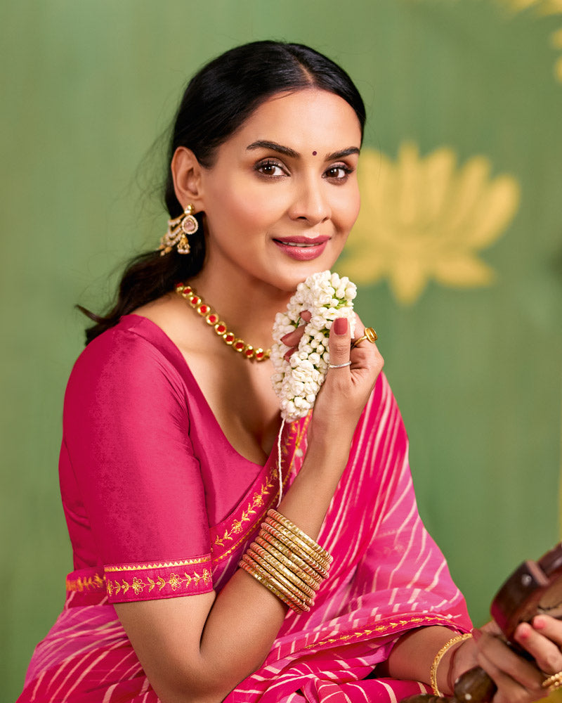 Vishal Prints Rose And Strawberry Pink Printed Chiffon Saree With Fancy Embroidery Border
