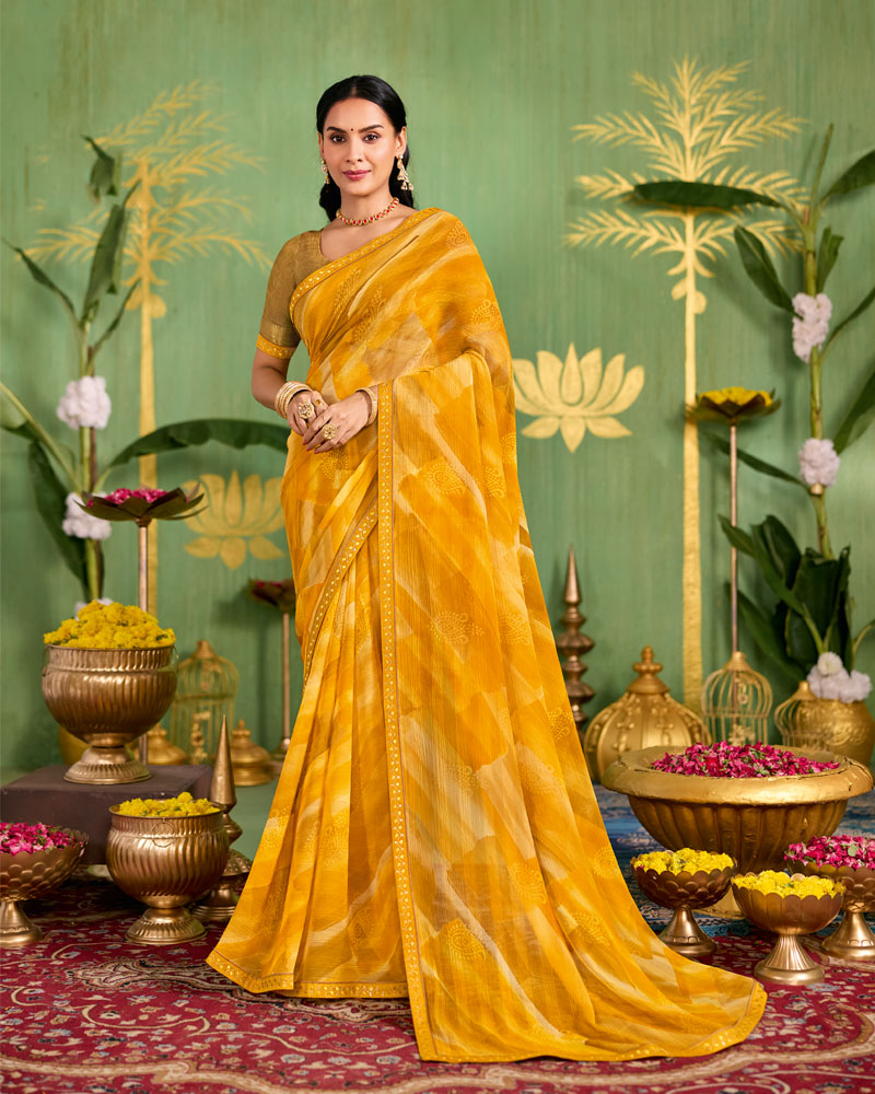 Vishal Prints Yellow Ochre Printed Chiffon Saree With Fancy Embroidery Border