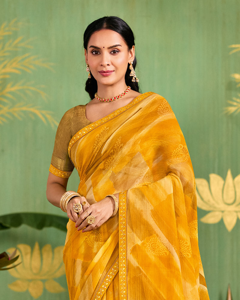 Vishal Prints Yellow Ochre Printed Chiffon Saree With Fancy Embroidery Border