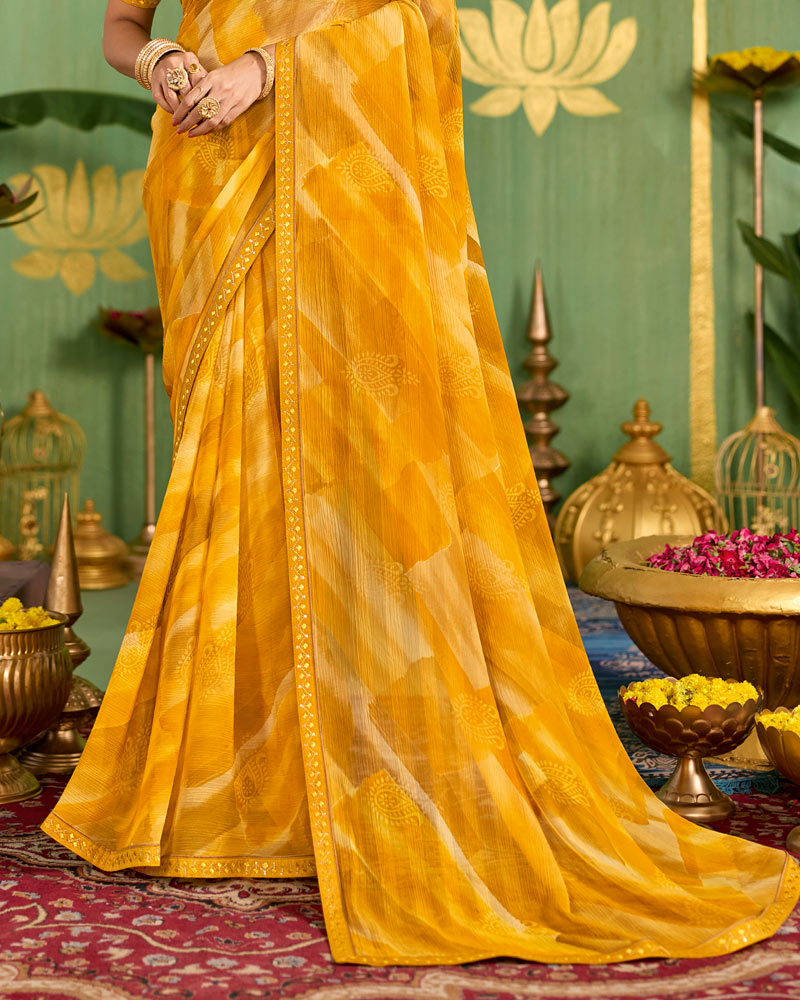 Vishal Prints Yellow Ochre Printed Chiffon Saree With Fancy Embroidery Border